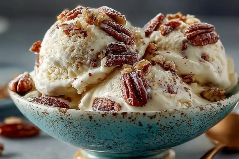 Bowl of homemade butter pecan ice cream with pecans on top