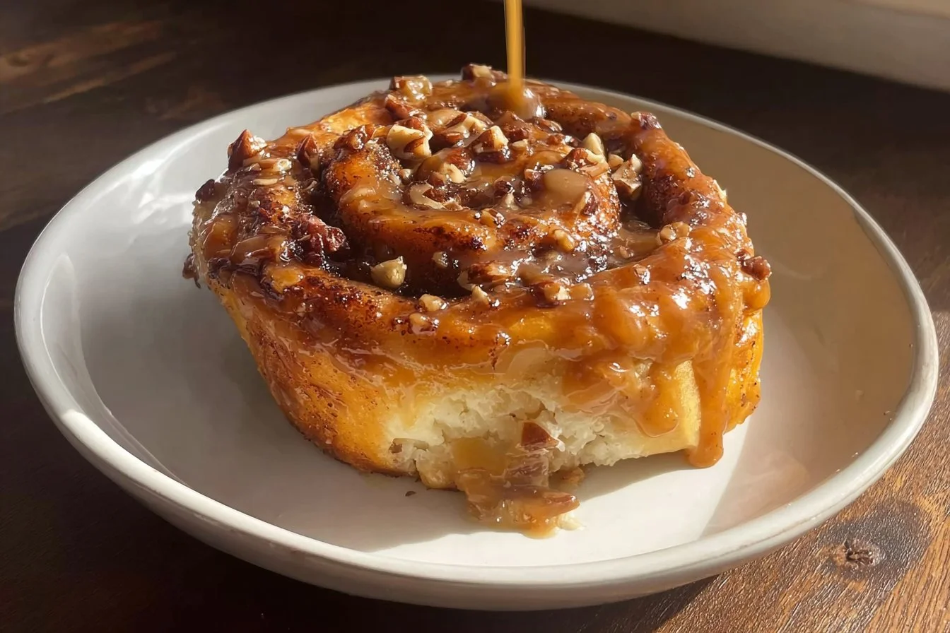Freshly baked homemade cinnamon rolls with icing on a wooden table