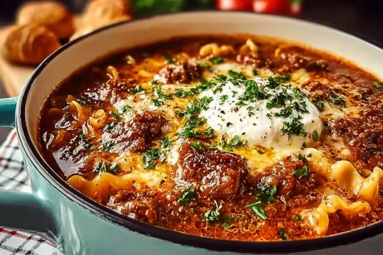 Bowl of homemade lasagna soup topped with cheese and herbs
