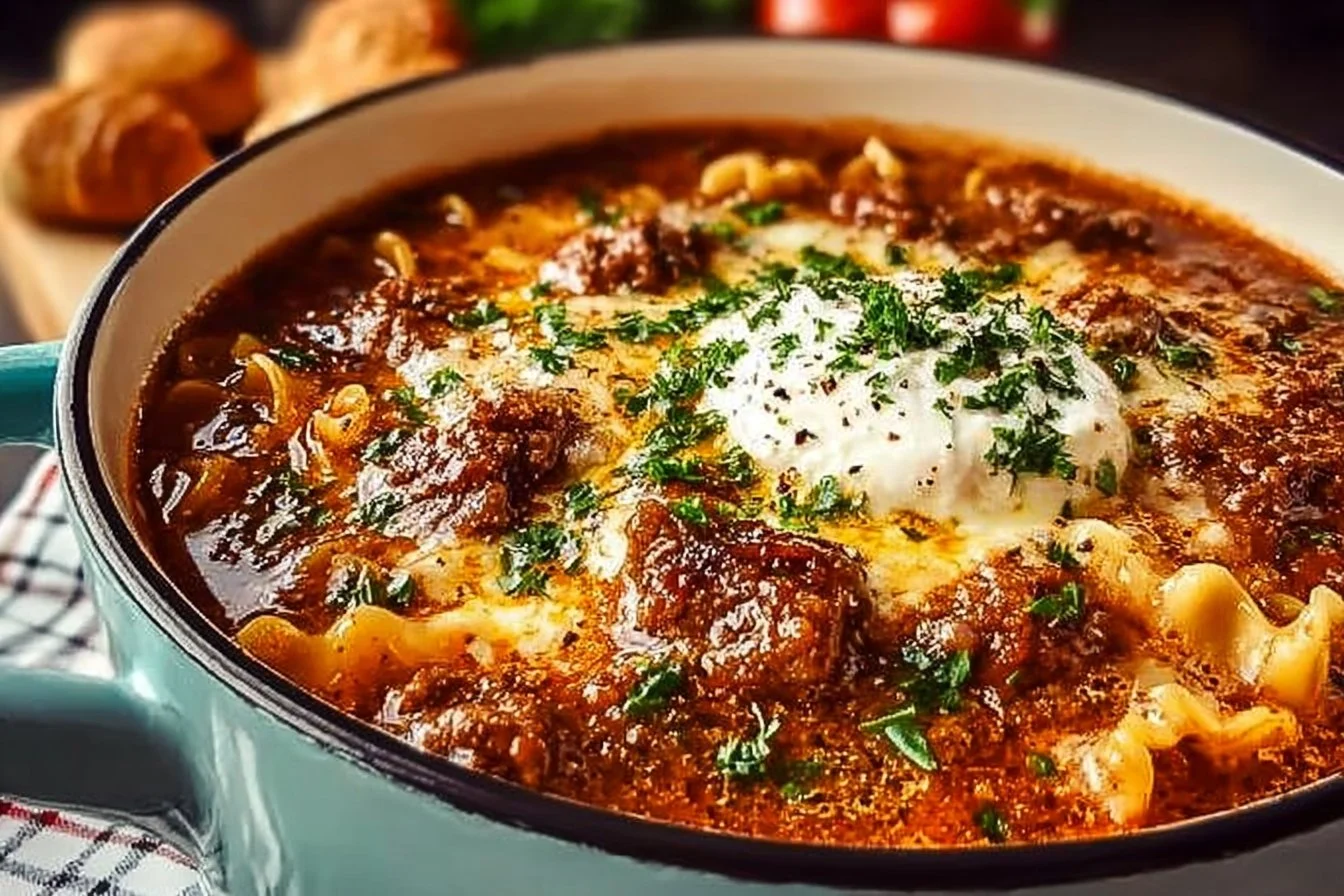 Bowl of homemade lasagna soup topped with cheese and herbs