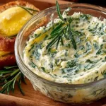 Homemade rosemary butter in a small dish with fresh rosemary sprigs
