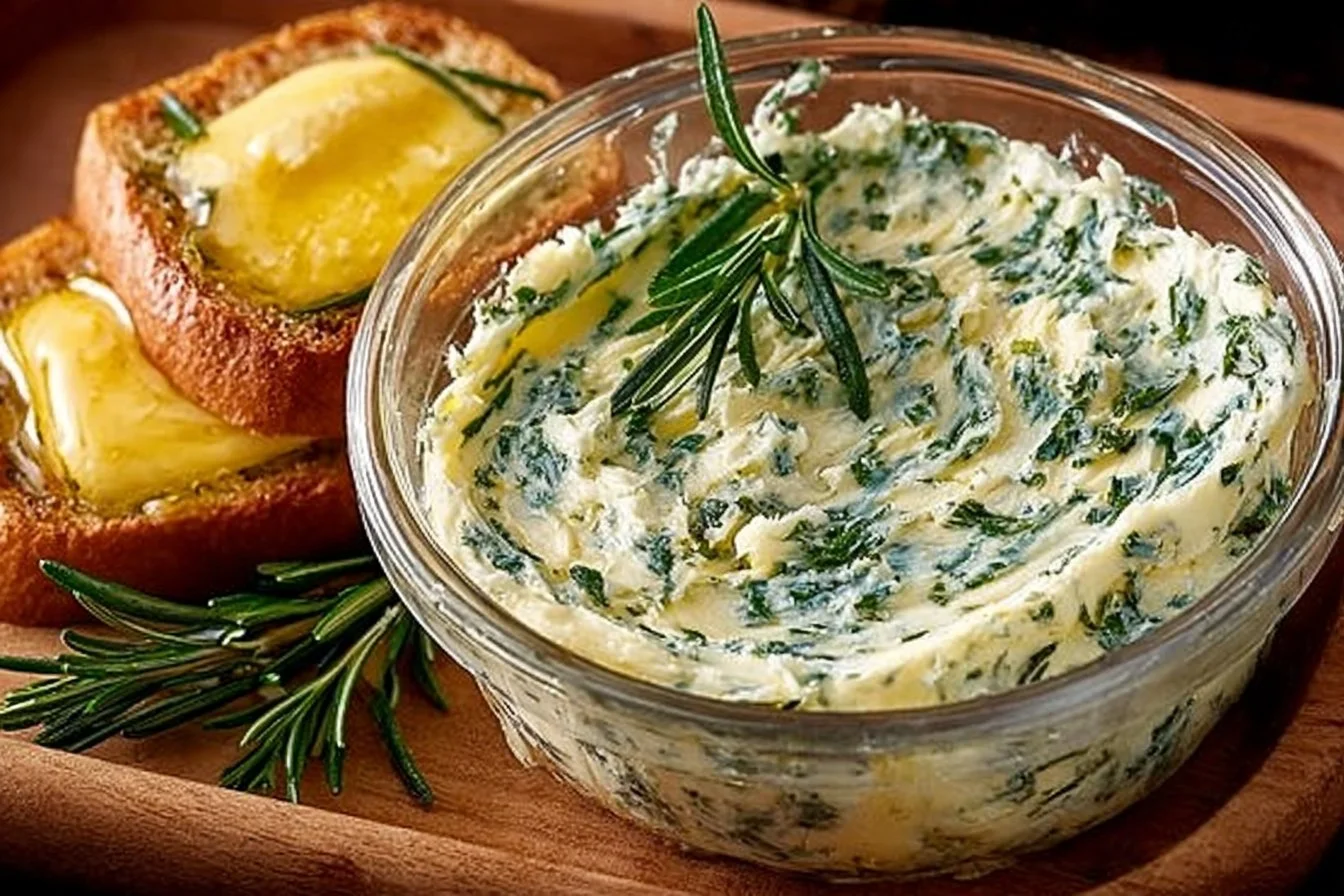 Homemade rosemary butter in a small dish with fresh rosemary sprigs