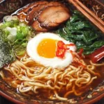 Bowl of homemade soy sauce ramen noodles topped with vegetables and eggs.