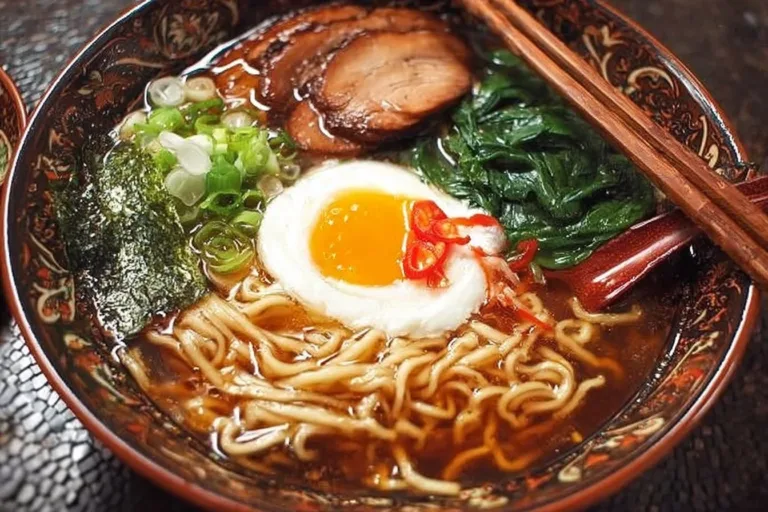 Bowl of homemade soy sauce ramen noodles topped with vegetables and eggs.