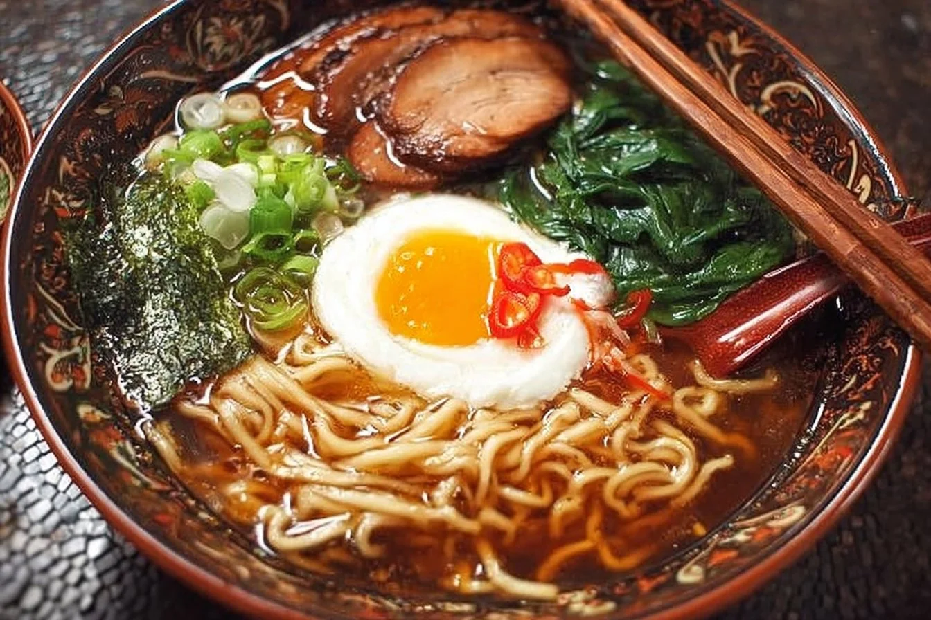 Bowl of homemade soy sauce ramen noodles topped with vegetables and eggs.