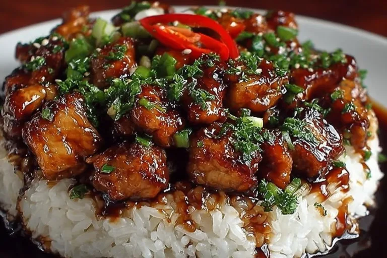 Delicious plate of Honey BBQ Chicken served on rice with garnishes.