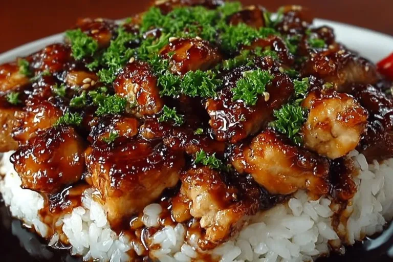 Delicious Honey BBQ Chicken served over a bed of rice.