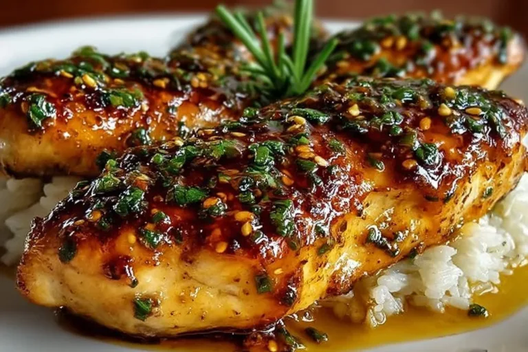Delicious Honey Garlic Chicken Breasts served on a plate with garnish.