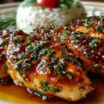 Delicious Honey Garlic Chicken Breasts garnished with herbs on a dinner plate