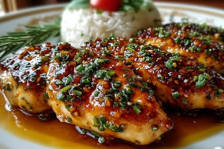 Delicious Honey Garlic Chicken Breasts garnished with herbs on a dinner plate