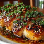 Honey Garlic Chicken Breasts served with rice and vegetables