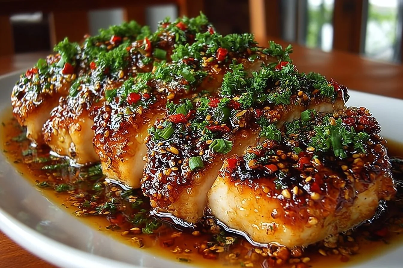 Honey Garlic Chicken Breasts served with rice and vegetables