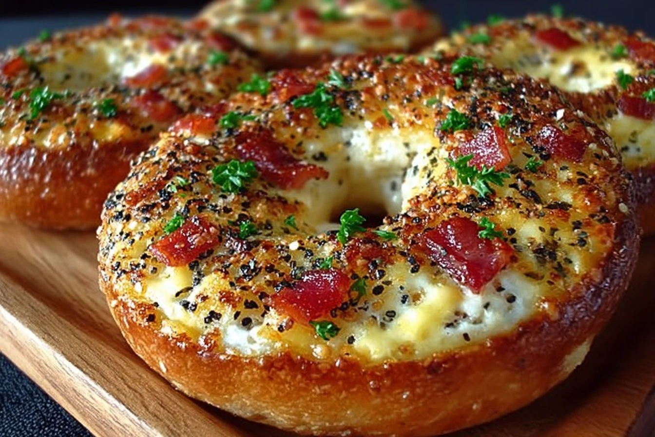 Hot bagel sandwiches with breakfast quiche filling
