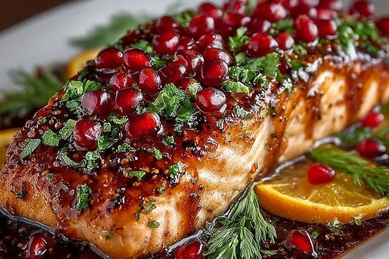 Delicious Christmas Salmon topped with a vibrant pomegranate glaze