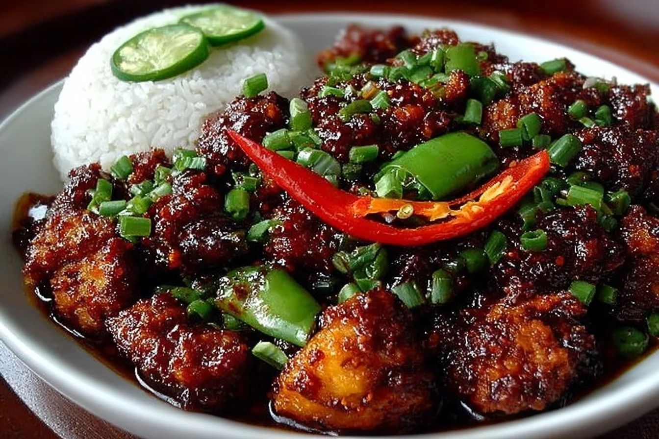 Plate of irresistibly spicy Chilli Chicken garnished with vegetables