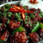 Irresistibly spicy chilli chicken served with vibrant peppers and herbs