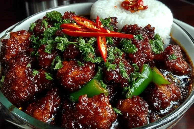 Irresistibly spicy chilli chicken served with vibrant peppers and herbs