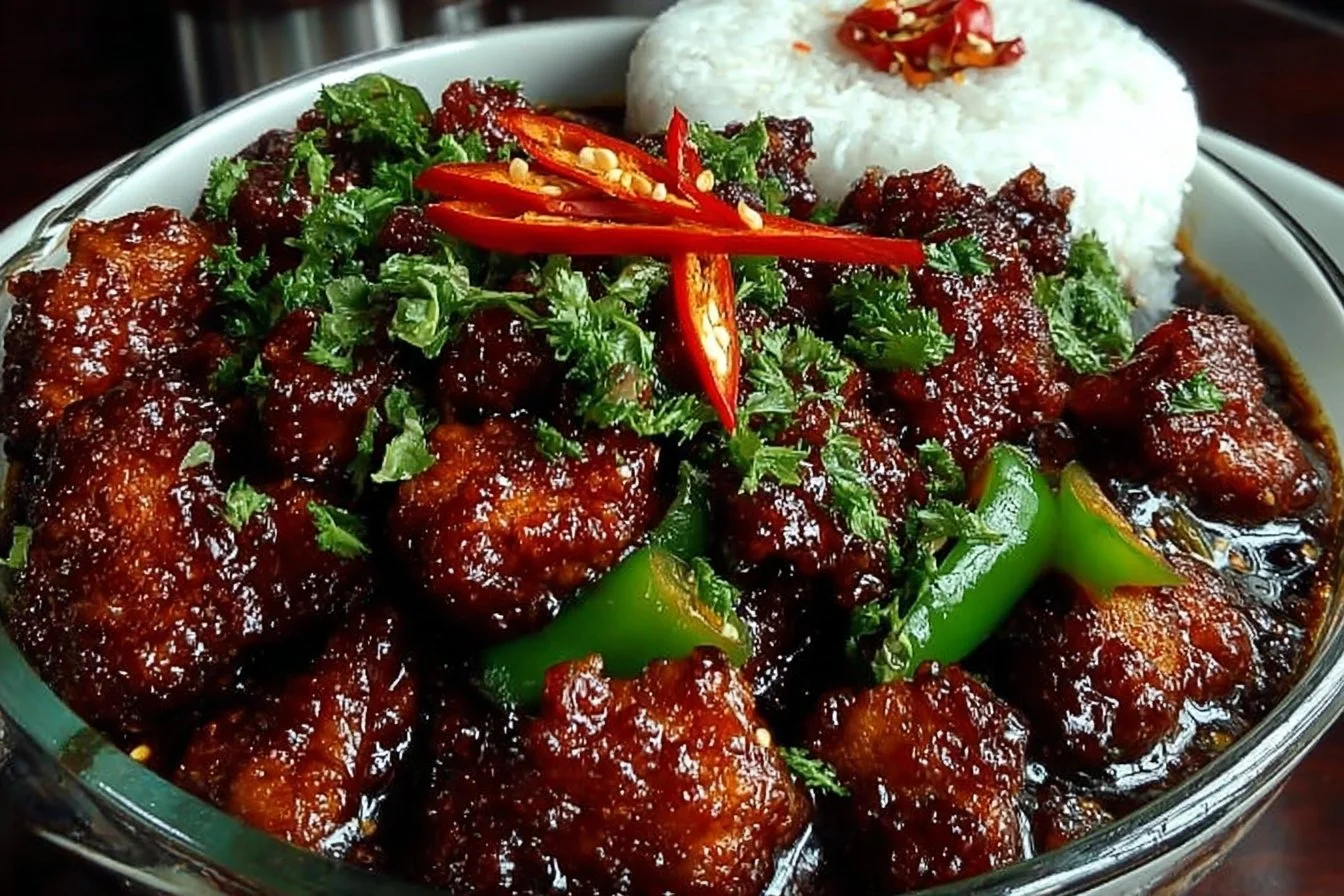 Irresistibly spicy chilli chicken served with vibrant peppers and herbs