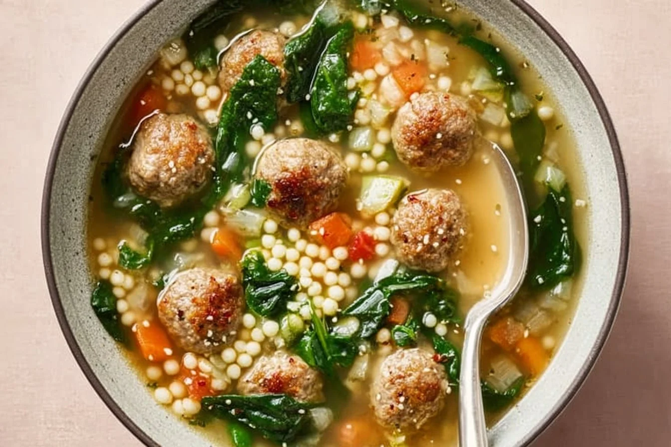 Bowl of Italian Wedding Soup with meatballs and greens