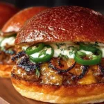 Jalapeño-onion smash burgers served with toppings on a wooden board.