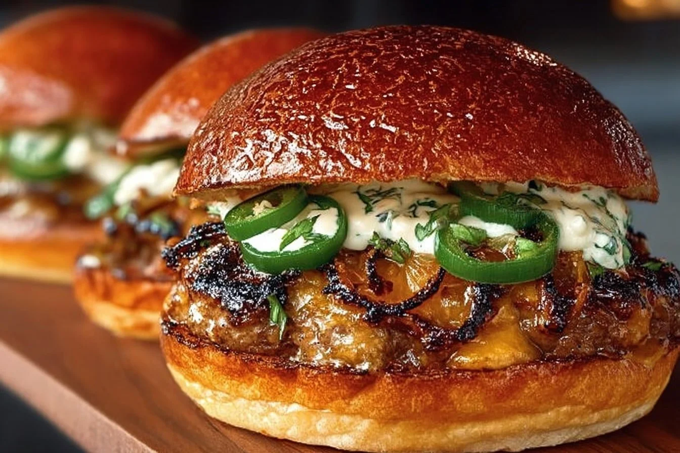 Jalapeño-onion smash burgers served with toppings on a wooden board.