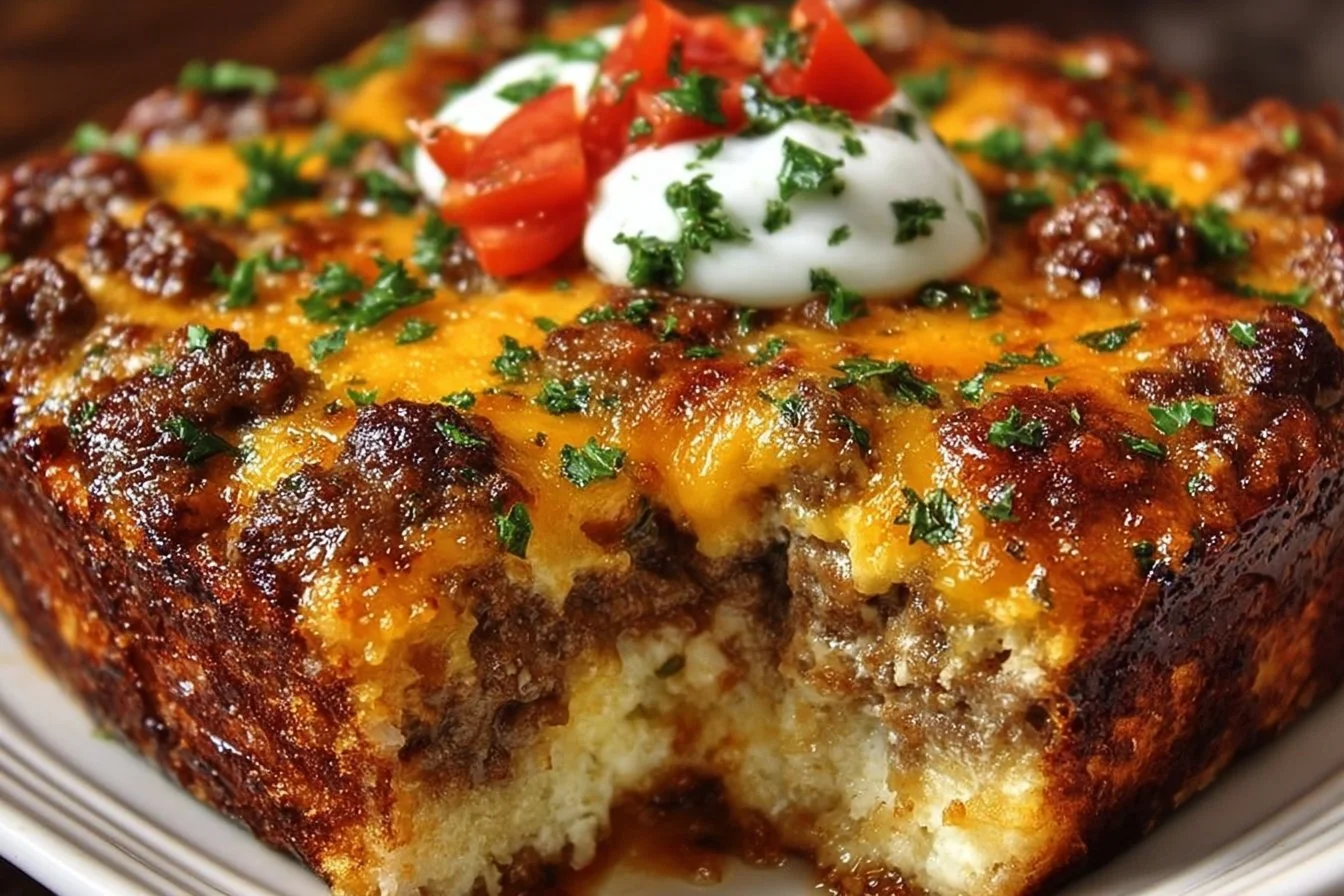 Delicious John Wayne Casserole served in a baking dish, showcasing layers of ingredients.