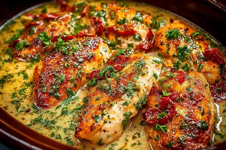 Juicy Crock Pot Marry Me Chicken served with herbs and creamy sauce