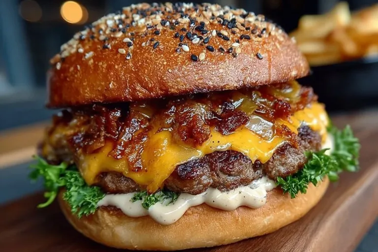 Delicious juicy smash burger on a plate with toppings.