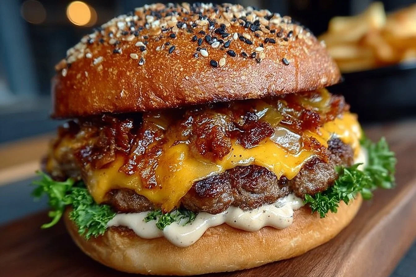 Delicious juicy smash burger on a plate with toppings.