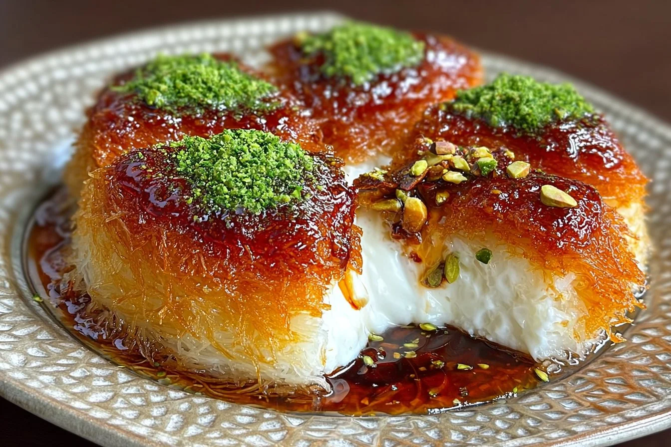 Delicious Knafeh dessert topped with pistachios and syrup