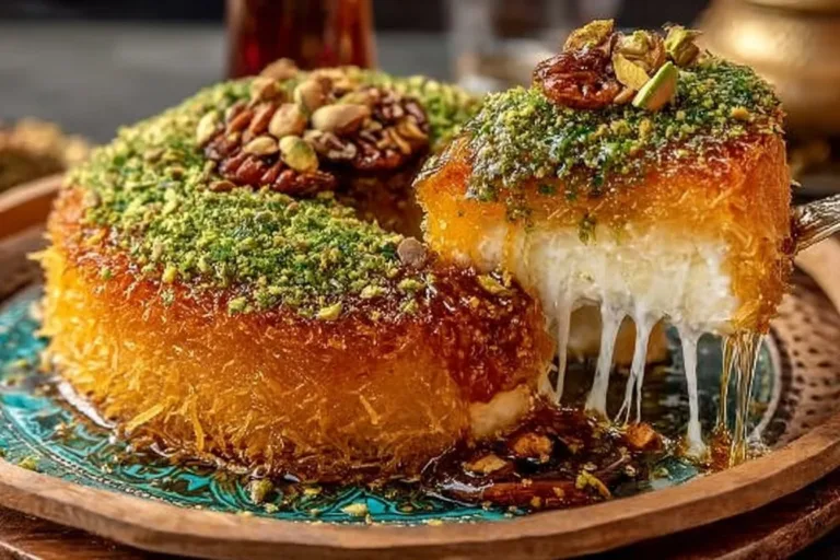 Plate of freshly baked Kunefe topped with pistachios and syrup