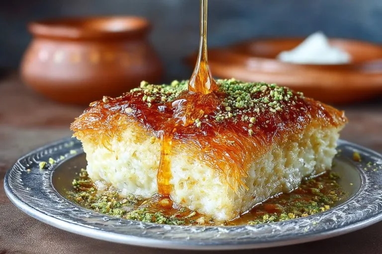 Delicious Künefe Turkish sweet cheese pastry with crispy layers and syrup