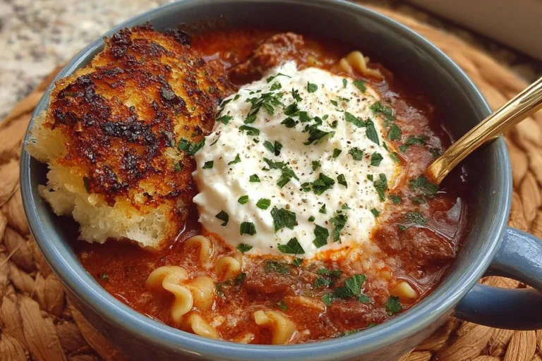 A bowl of hearty lasagna soup topped with cheese and herbs
