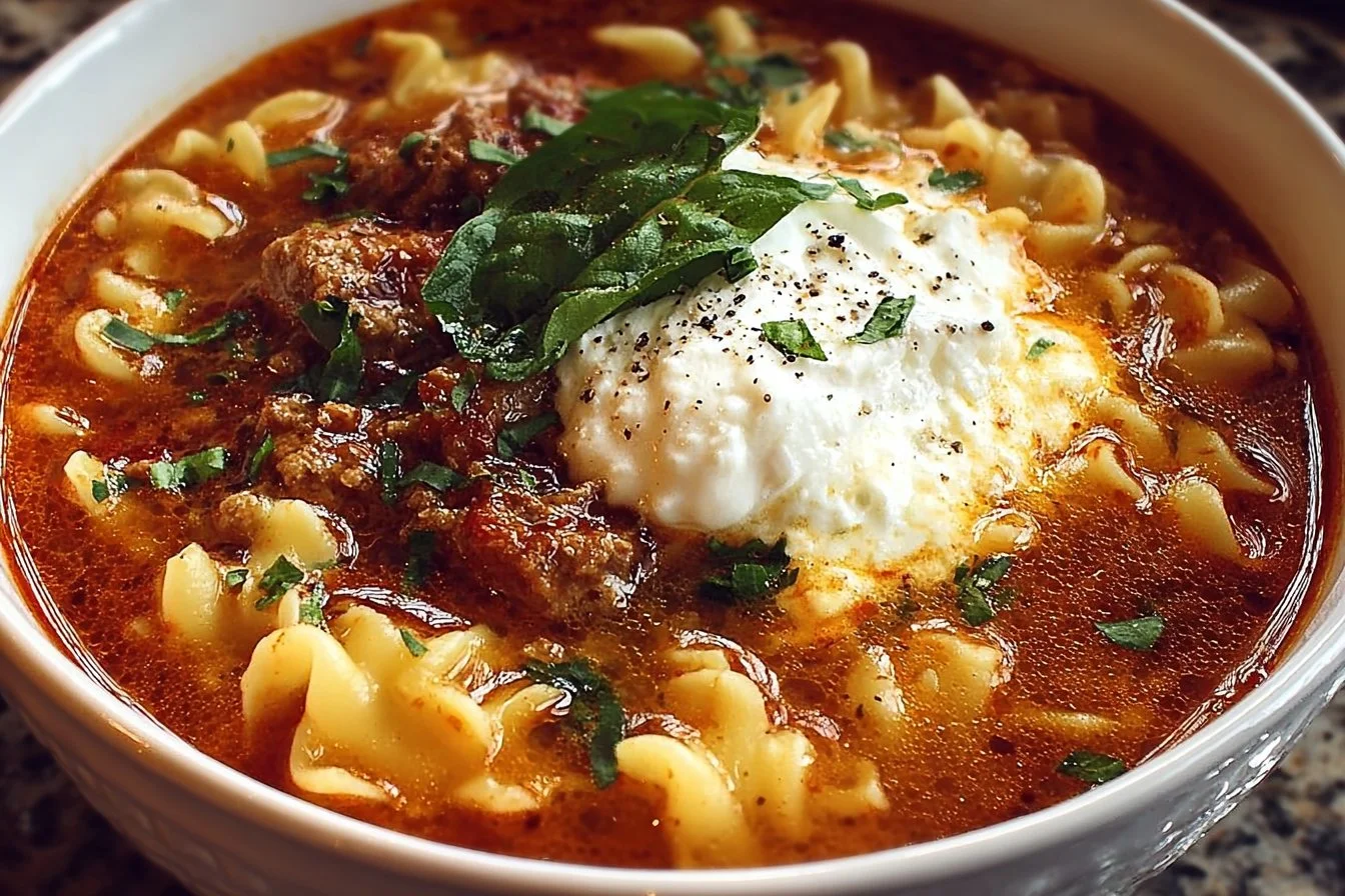 A hearty bowl of lasagna soup topped with cheese and fresh basil.