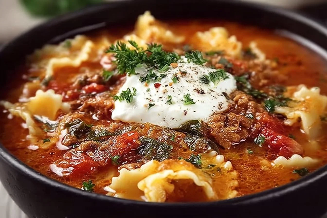 A hearty bowl of lasagna soup topped with cheese and fresh herbs.