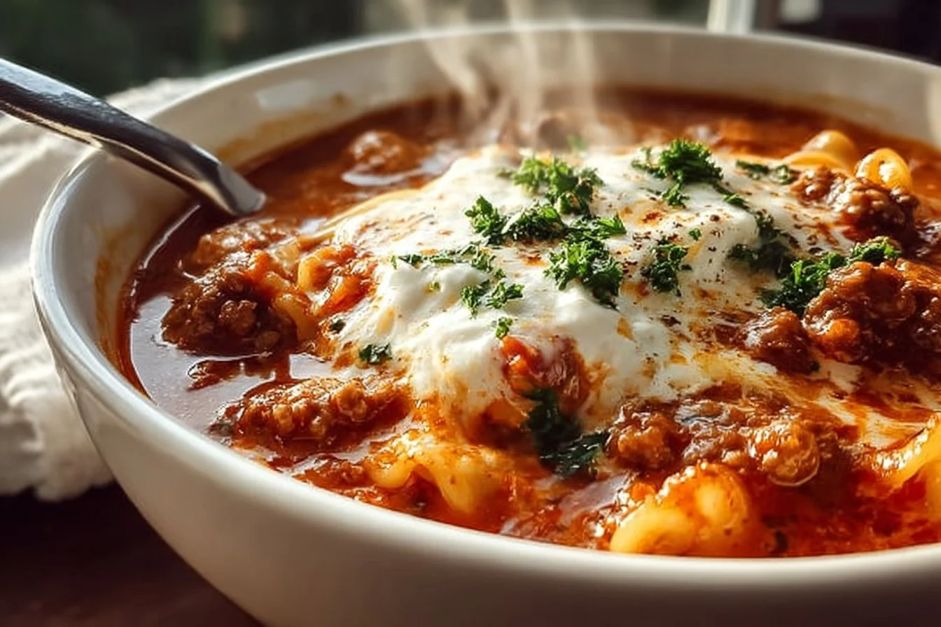 Bowl of delicious lasagna soup with layers of pasta and melted cheese