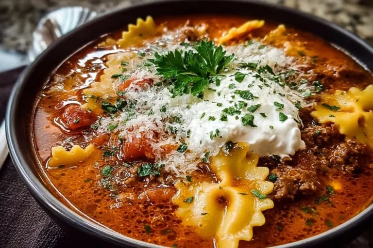 Bowl of delicious lasagna soup with cheese and herbs
