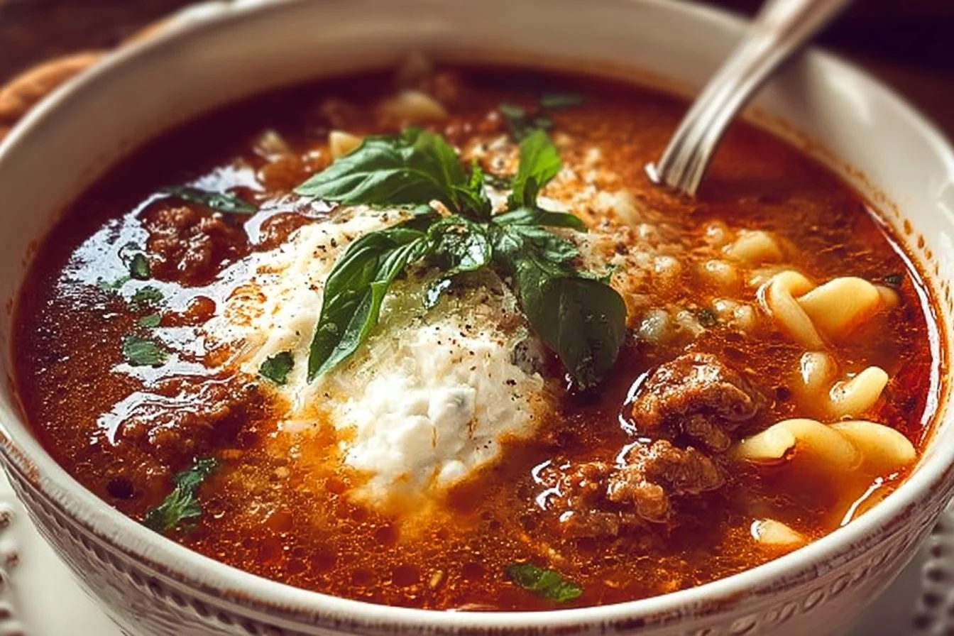Bowl of delicious lasagna soup topped with herbs and cheese