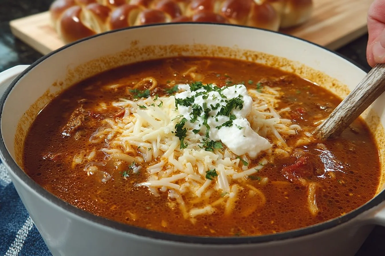 Bowl of hearty lasagna soup topped with cheese and herbs