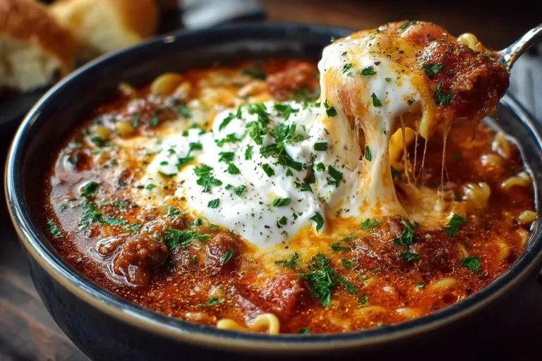 A bowl of hearty lasagna soup with cheese and herbs