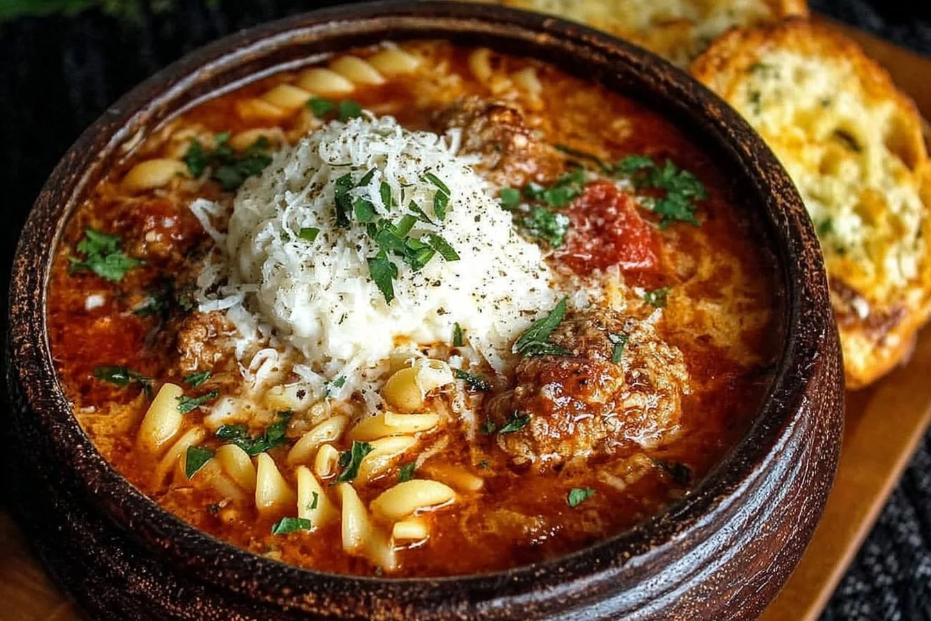 A hearty bowl of Lasagna Soup topped with cheesy goodness and fresh herbs