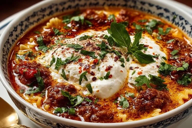 Delicious bowl of Lasagna Soup topped with Ricotta and Mozzarella cheese