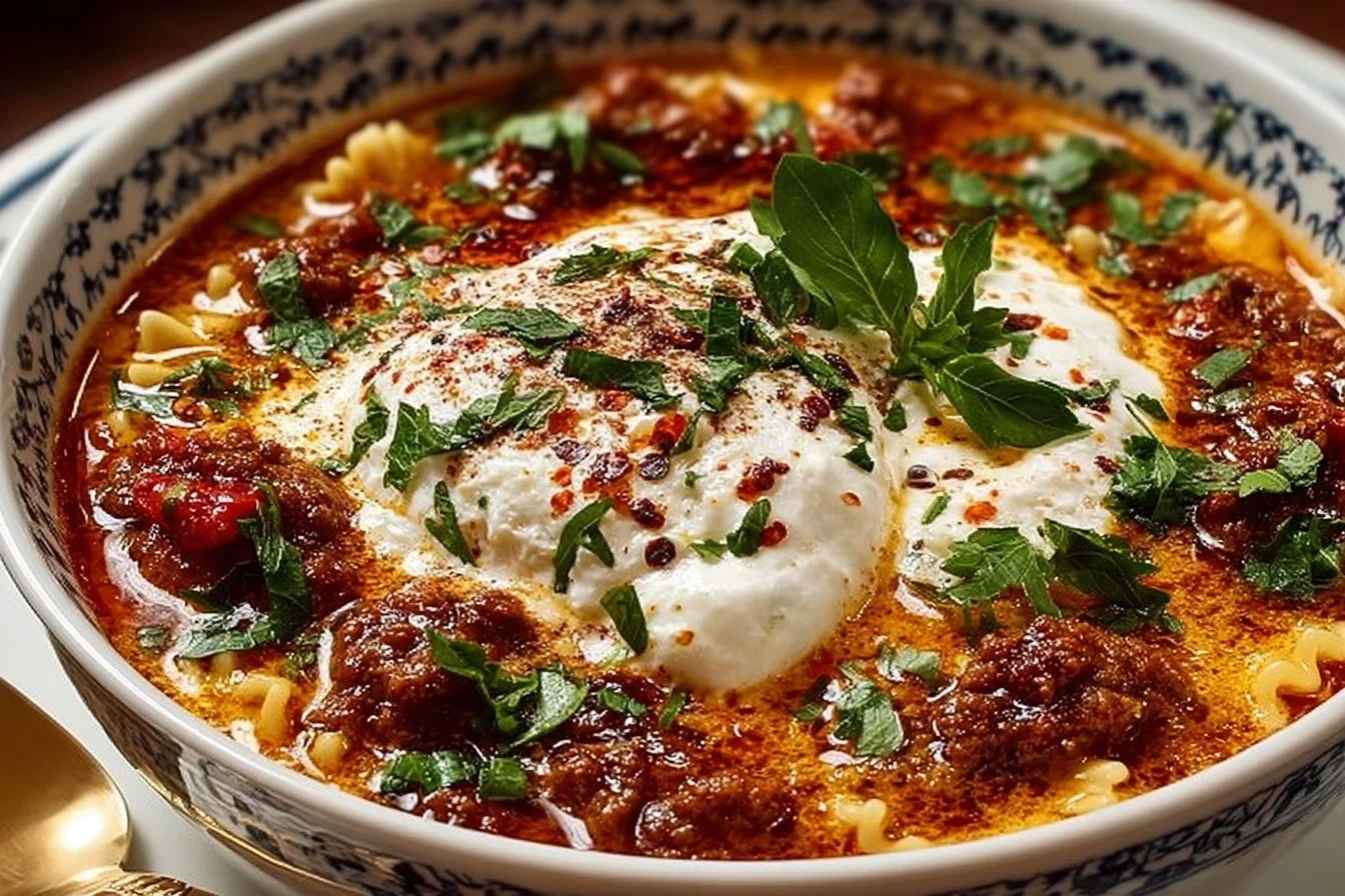 Delicious bowl of Lasagna Soup topped with Ricotta and Mozzarella cheese