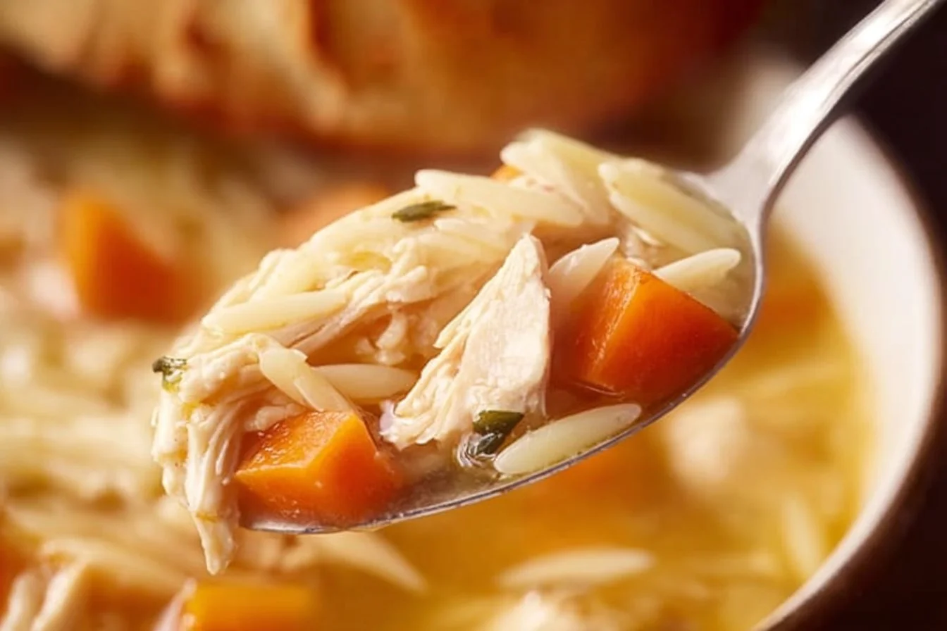 Bowl of delicious Lemon Chicken Orzo Soup with fresh ingredients