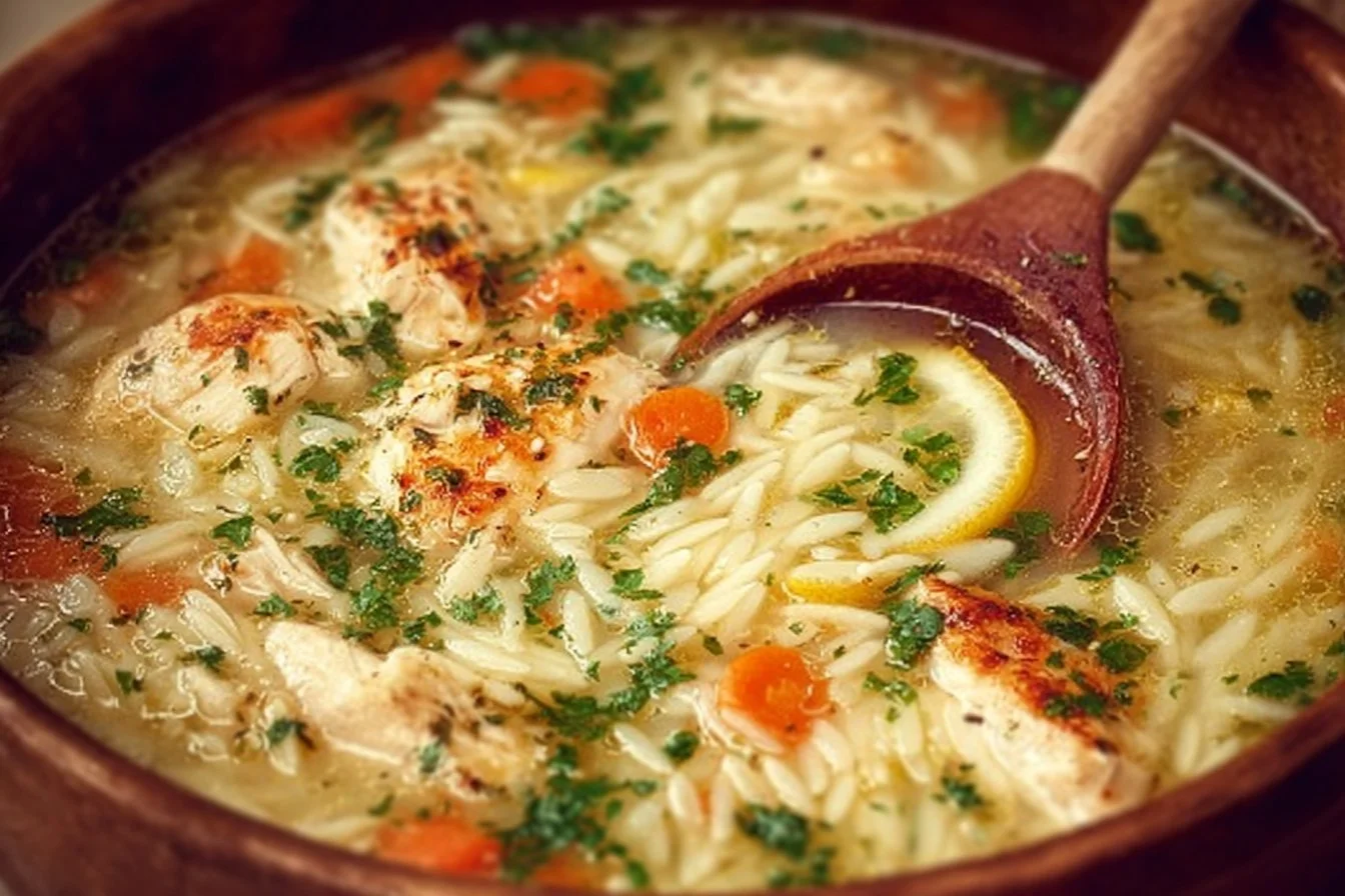 Bowl of lemon chicken orzo soup garnished with fresh herbs