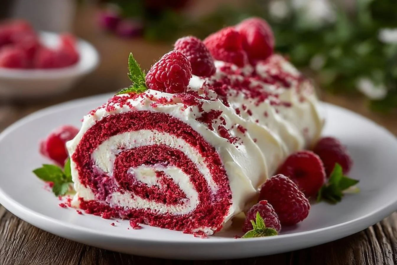 Lemon Raspberry Velvet Roll Cake displayed on a white plate with fresh raspberries
