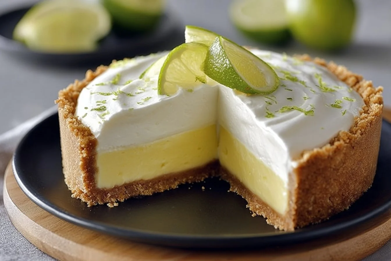 Delicious creamy and tangy lime pie dessert on a plate