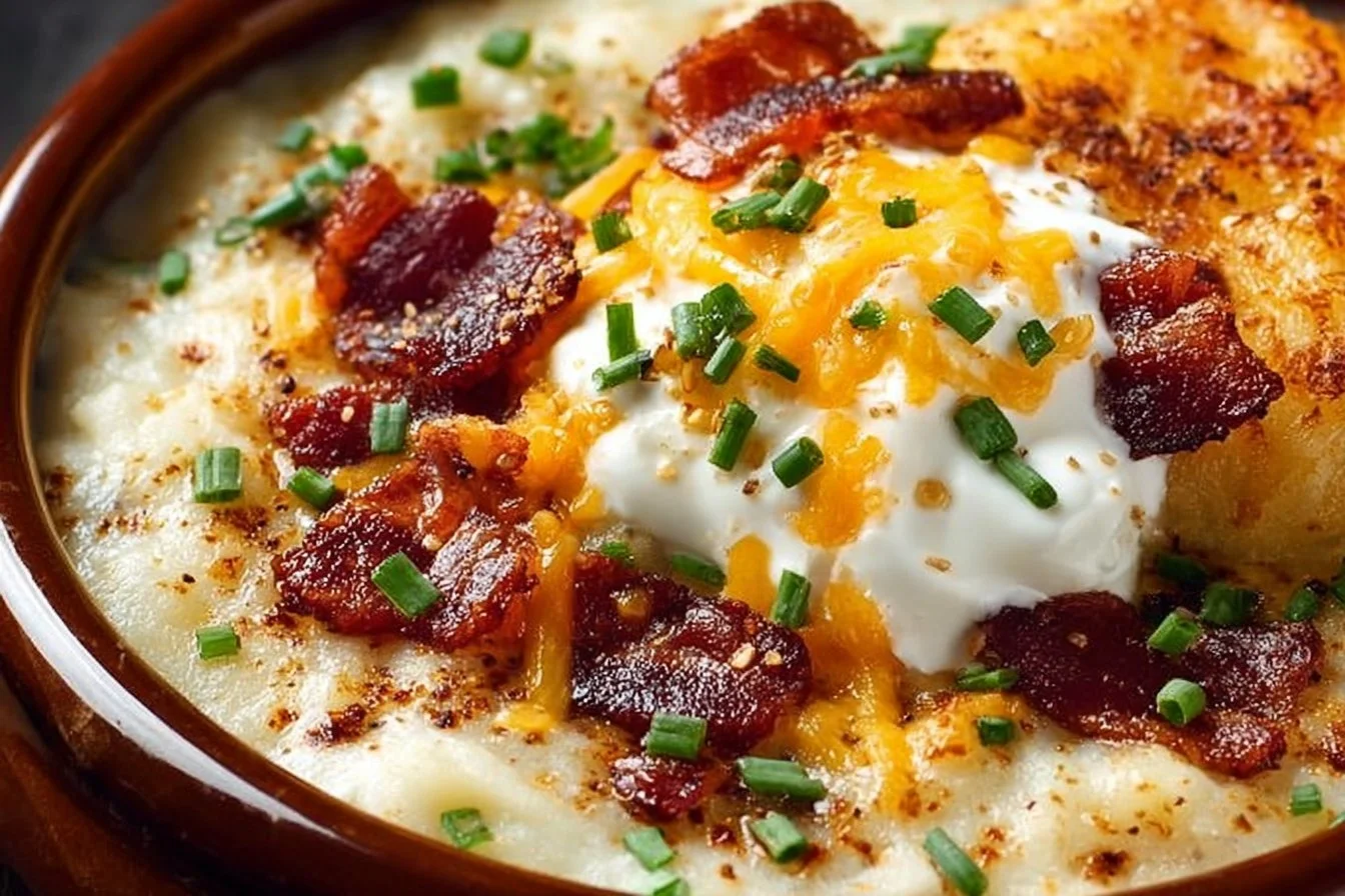 Bowl of creamy loaded baked potato soup garnished with cheese and green onions