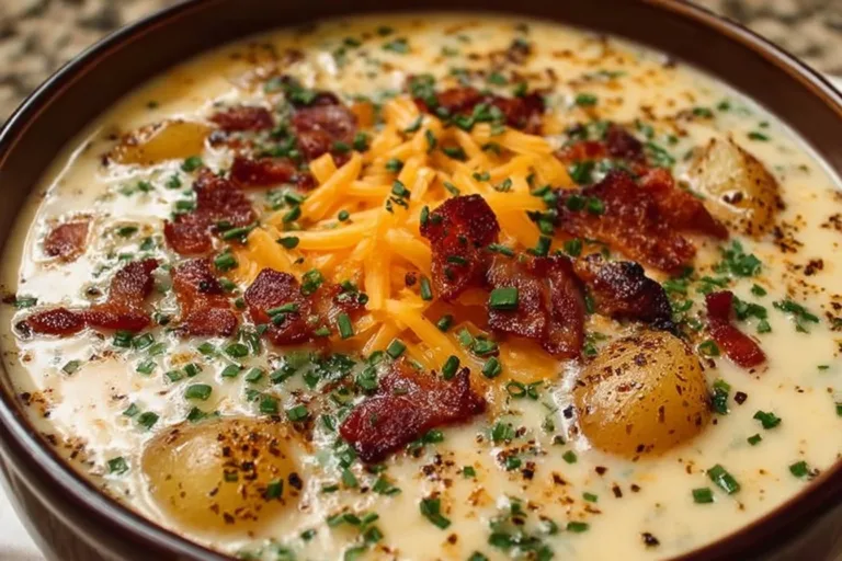 A creamy bowl of loaded potato soup topped with cheese, bacon, and green onions