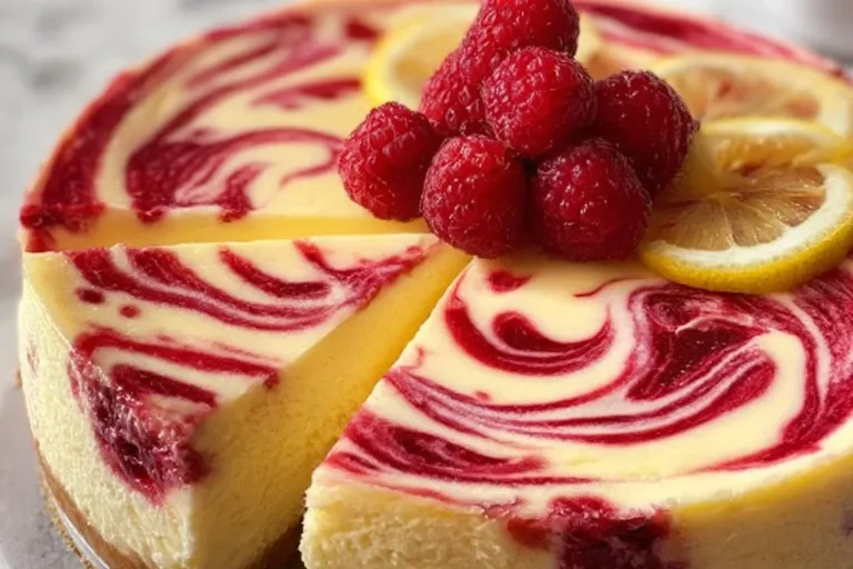 Slice of luscious lemon raspberry swirl cheesecake topped with raspberries